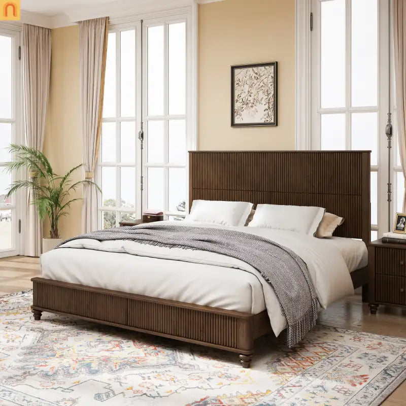 Platform Bed Contemporary Tall Headboard Solid Walnut Wood King Size