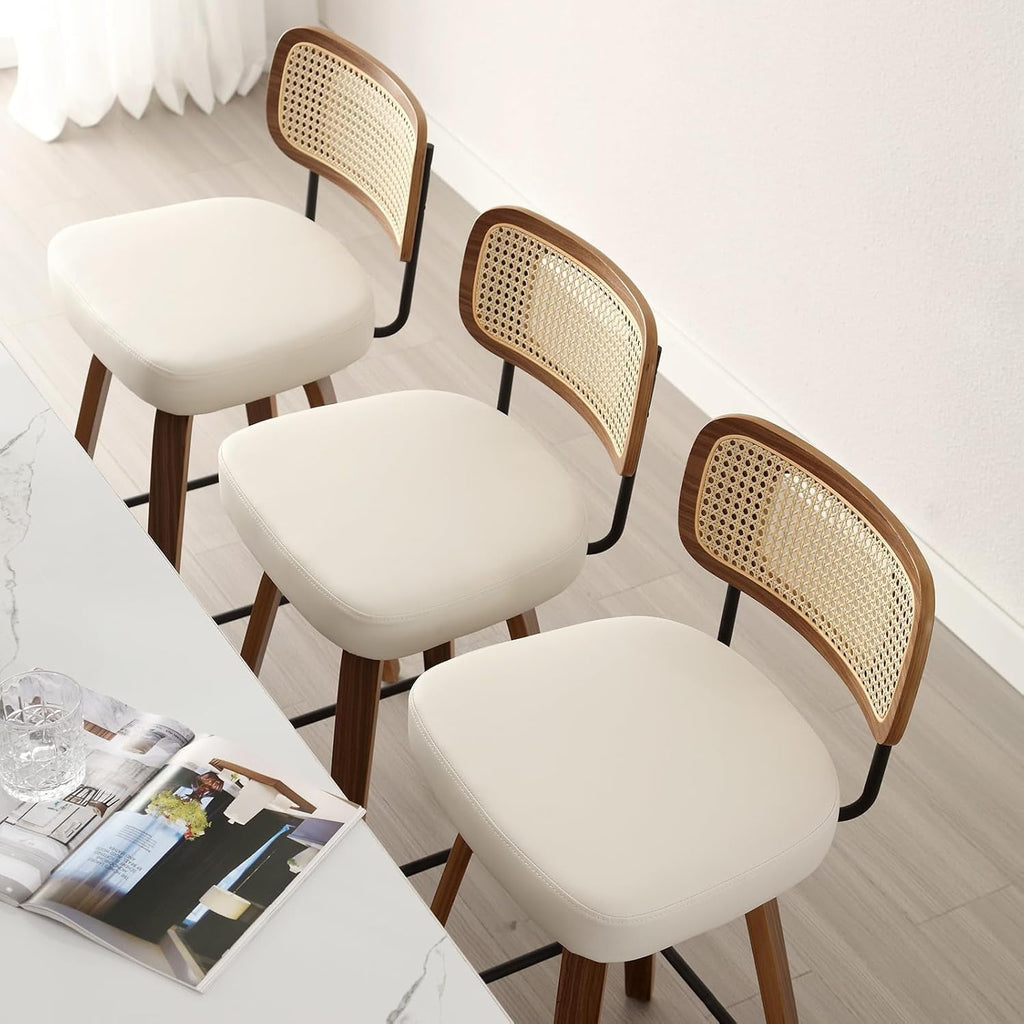 Swivel Counter Height Bar Stools Cream White Rattan Back