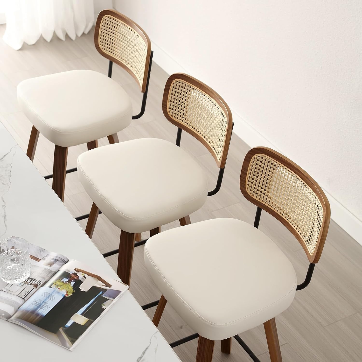 Swivel Counter Height Bar Stools Cream White Rattan Back