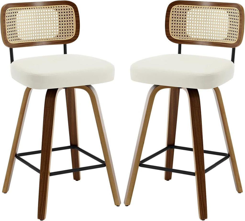 Swivel Counter Height Bar Stools Cream White Rattan Back
