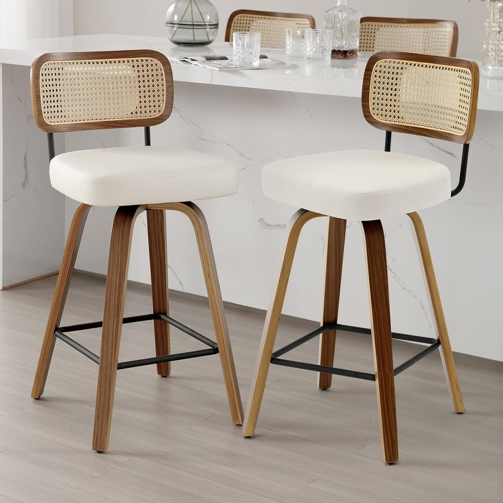 Swivel Counter Height Bar Stools Cream White Rattan Back